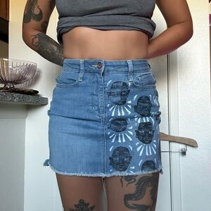 Vintage high rise Jean skirt with hand printed customization pattern.